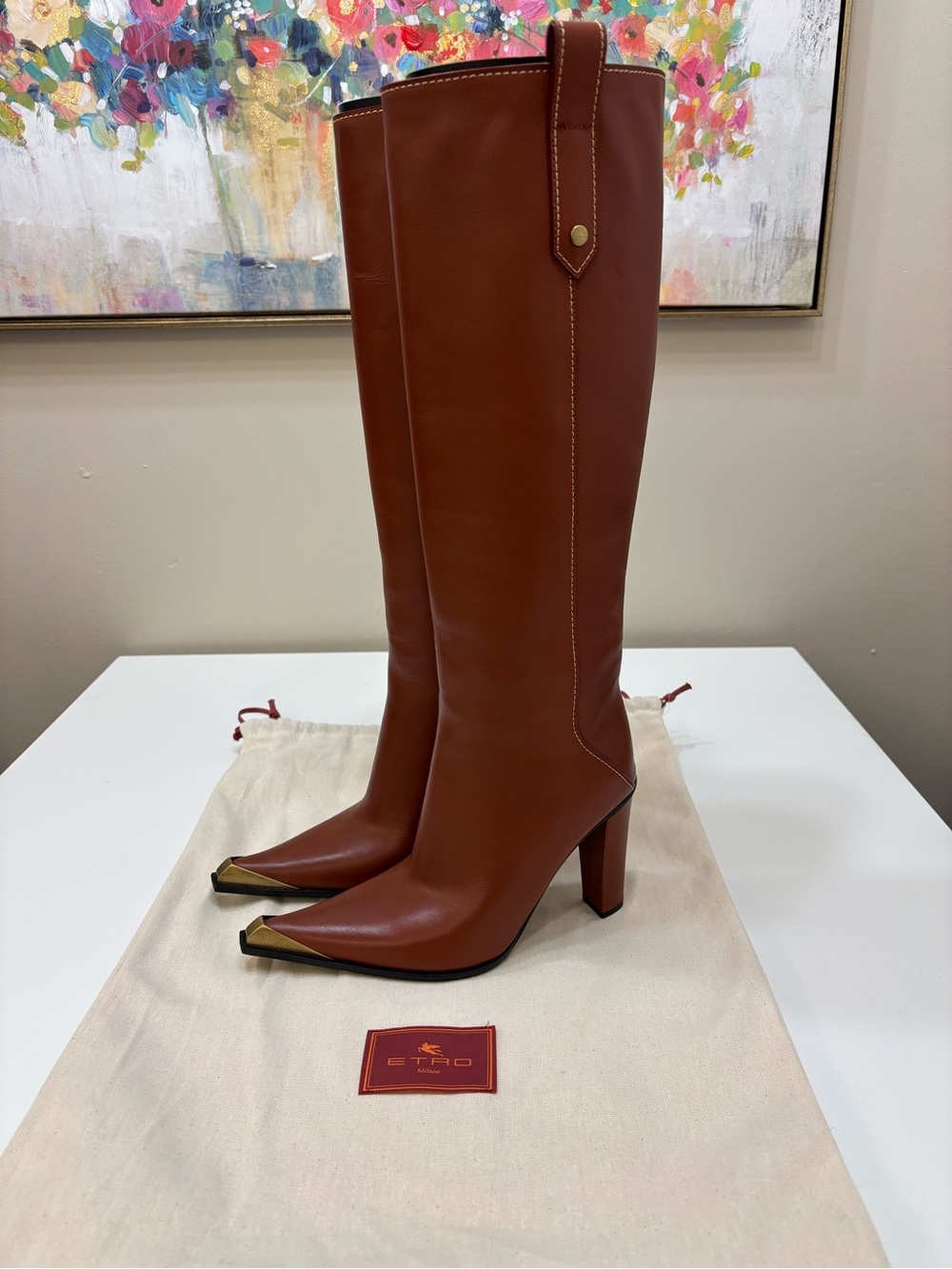 Etro Cognac Leather Knee-High Boots Gold Metal Toe Cap 36 NWT